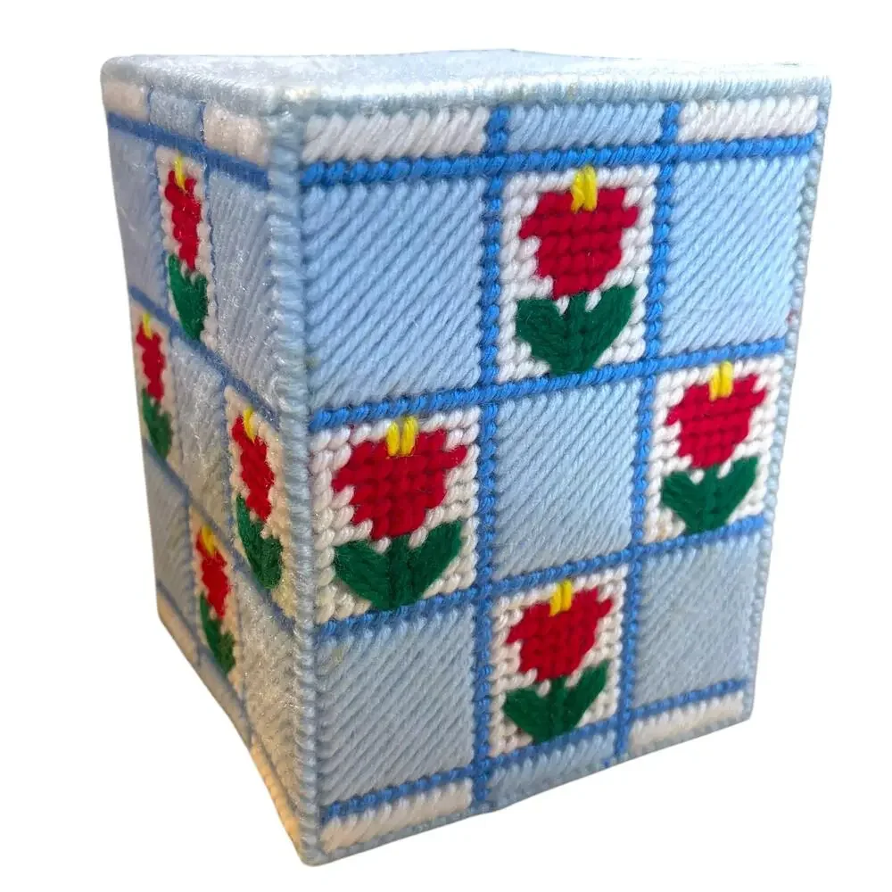 Vintage Handmade Yarn Tissue Box Cover Blue Floral Plastic Canvas Needlepoint